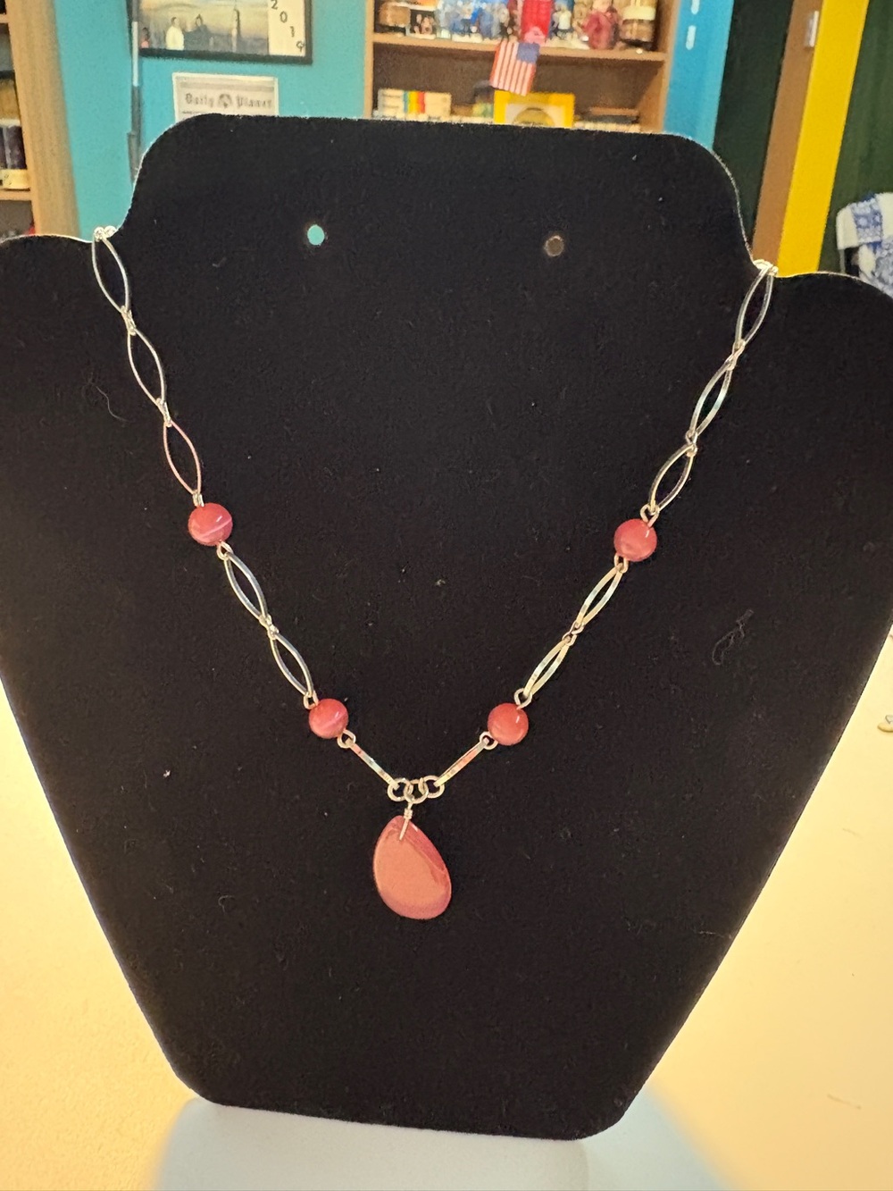 Silver Tone Chain Necklace with Coral Beads and Coral Teardrop Pendant